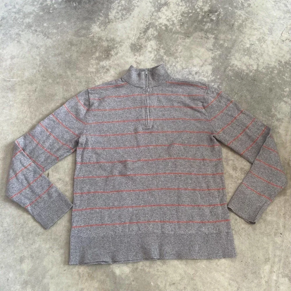 Banana Republic Sweater Men Medium Gray 1/4 Zip Pullover Orange Stripe Cotton‎